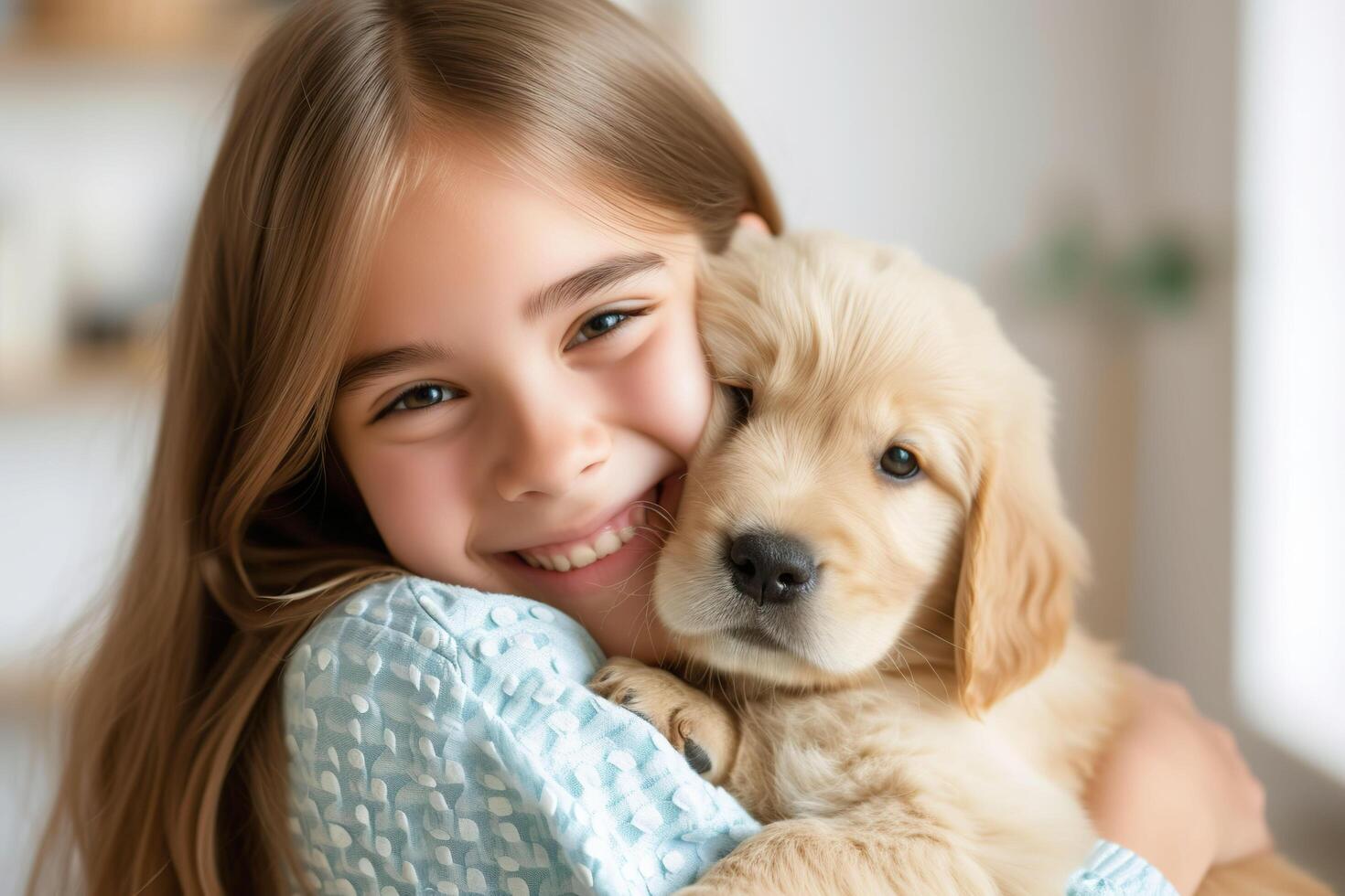 AI generated Beautiful little girl with golden retriever puppy. photo