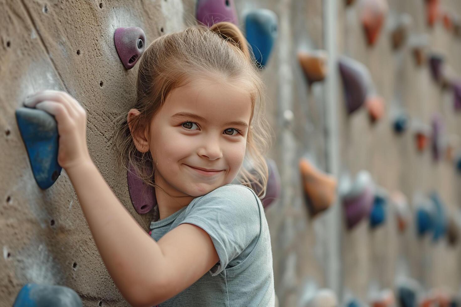 AI generated Cute little girl climbing on a climbing wall. photo