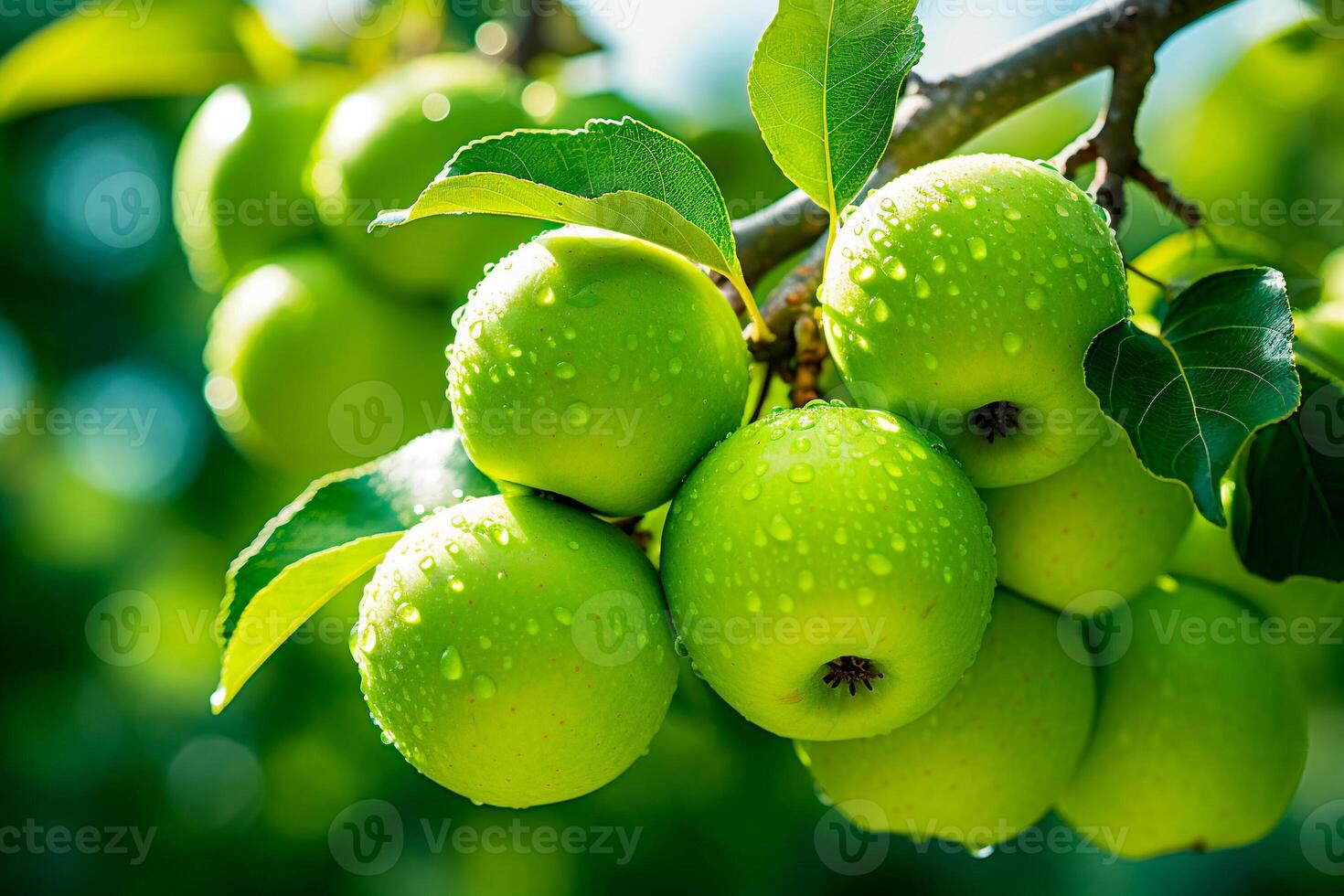 AI generated Green apples on a branch, orchard, background photo