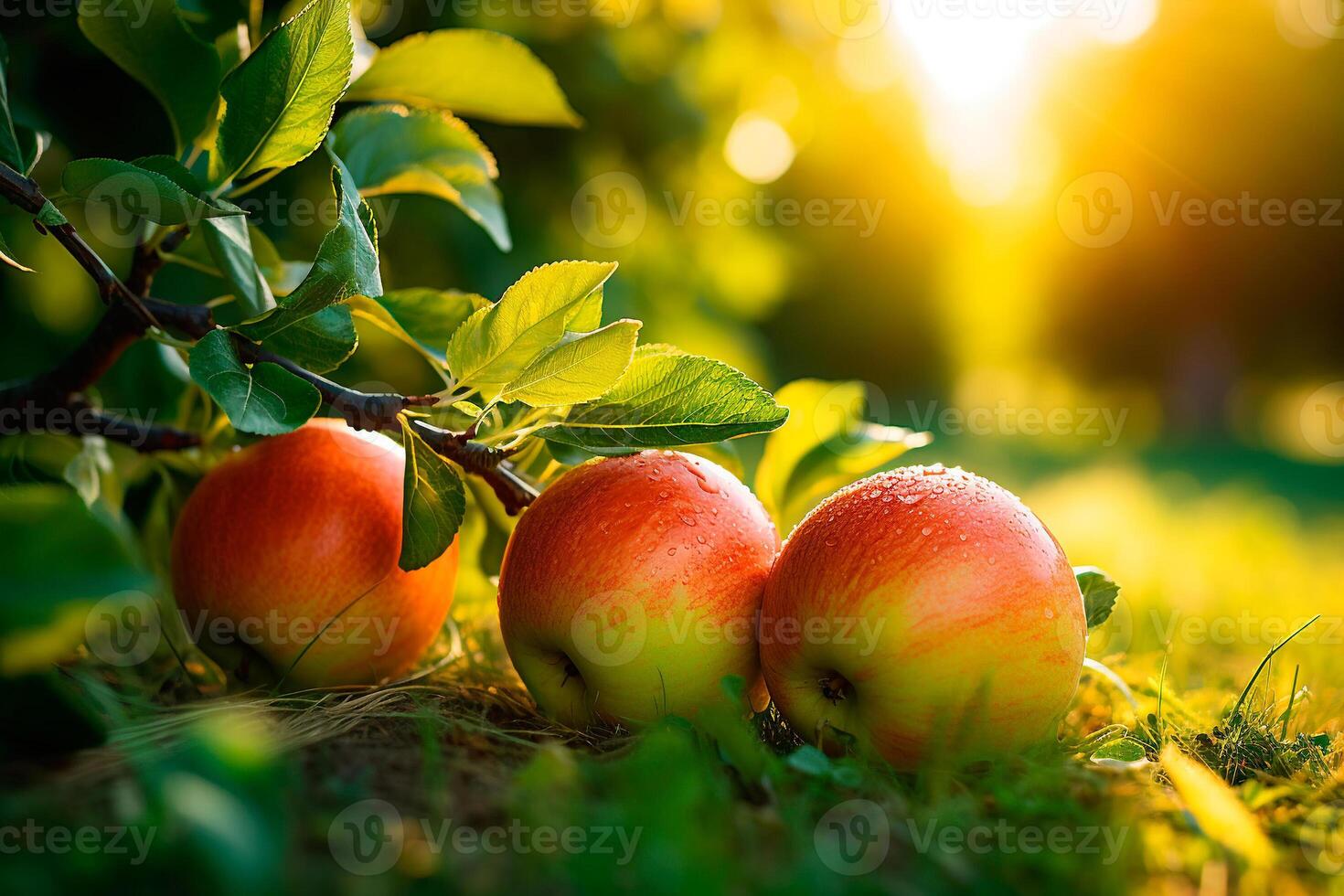 AI generated Three red apples on the grass close-up in an orchard, sunset photo