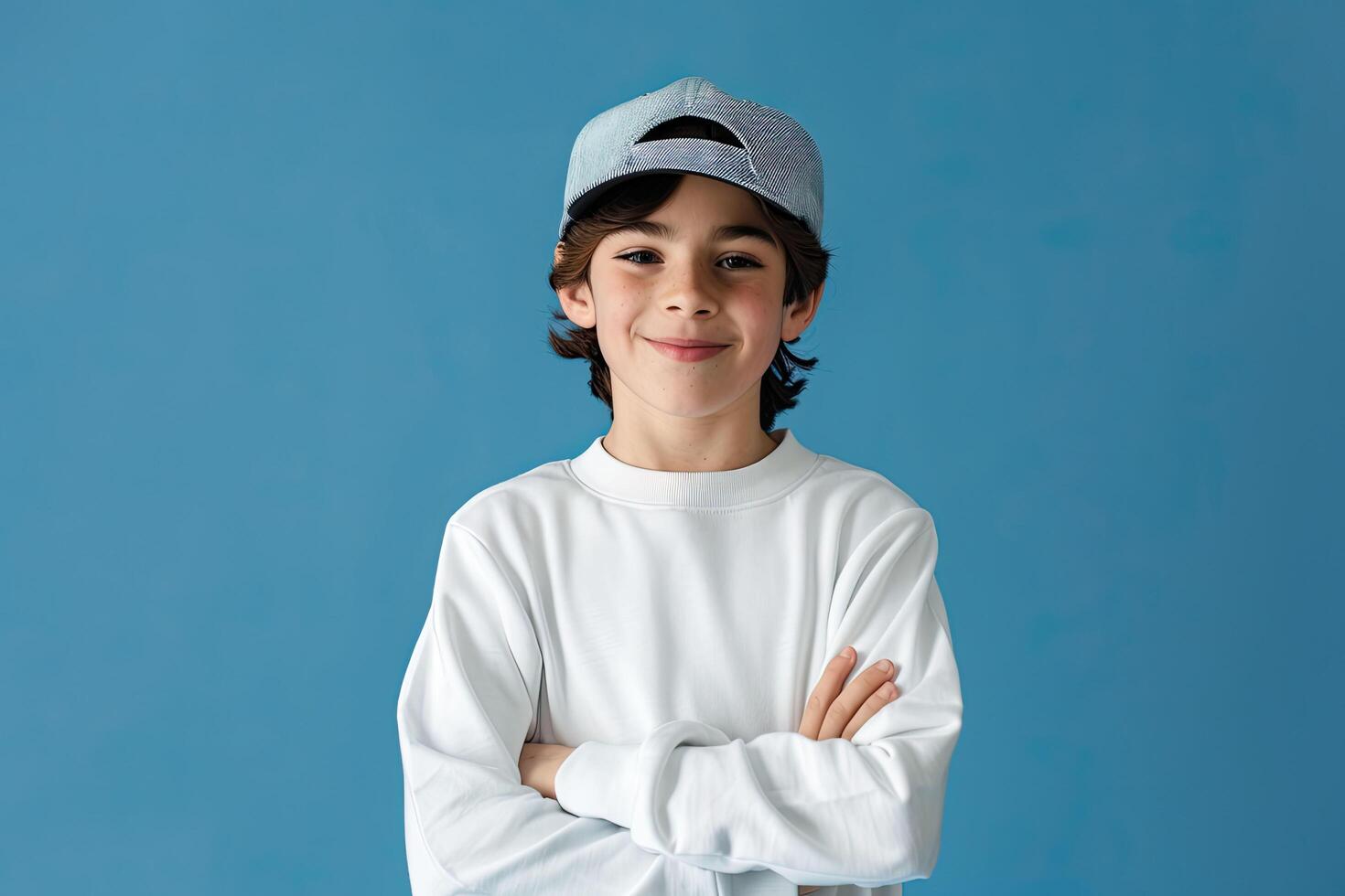 AI generated Cute boy in white sweatshirt and cap. Kids sweatshirt mockup. photo