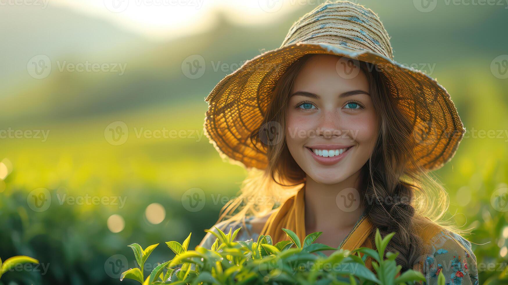 ai generado mujer cosecha té en un orgánico té jardín en Brillo Solar foto