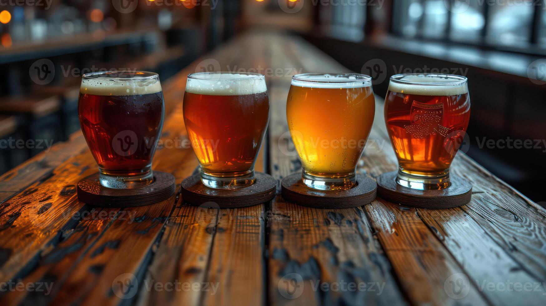 AI generated Several glasses of beer on a wooden floor Text area photo