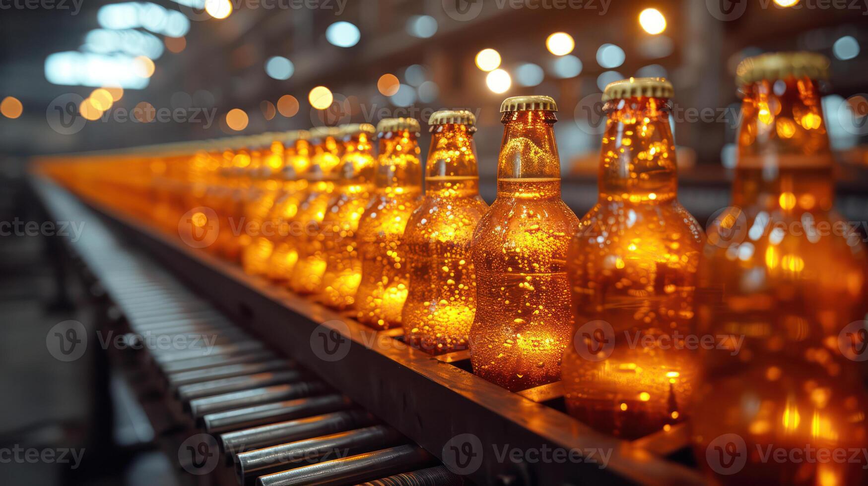 AI generated Beer bottles on production line, factory background copy image area photo