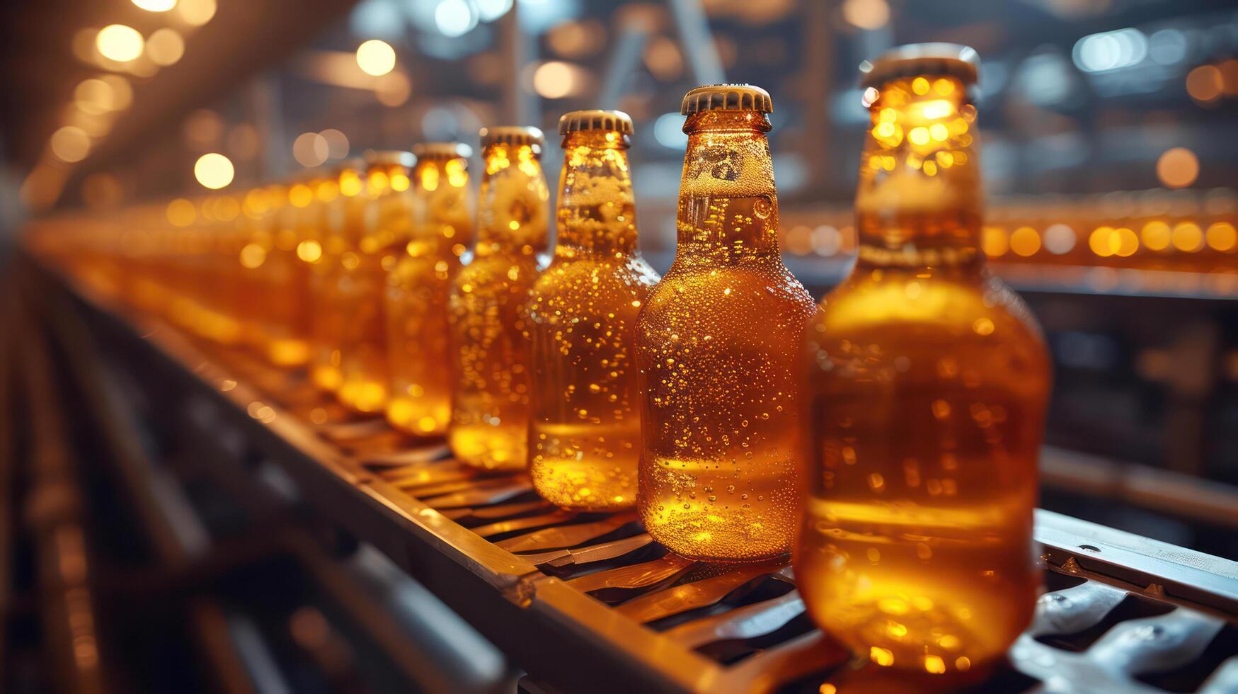 AI generated Beer bottles on production line, factory background copy image area photo