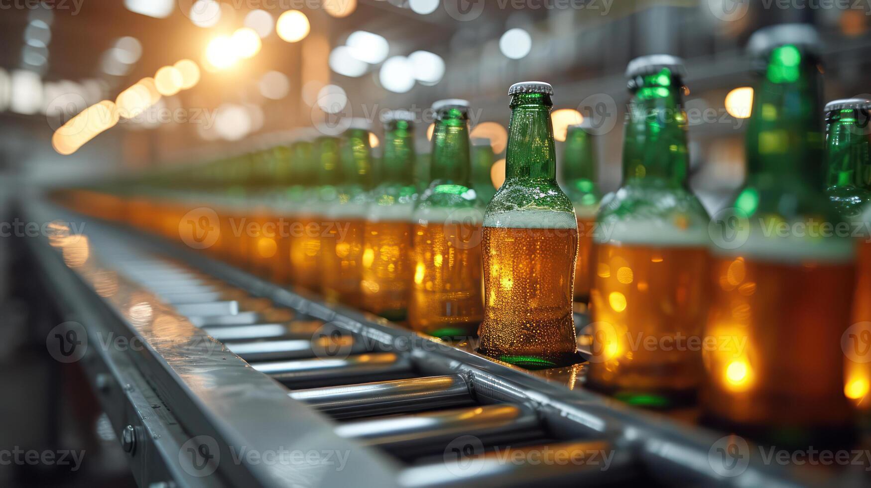 AI generated Green beer bottle, beer juice on production line, factory background photo