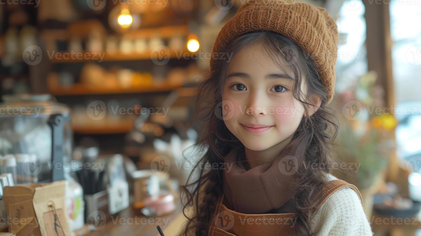 AI generated Child barista in apron making coffee stand by the counter in a coffee shop cute little kids learn to make coffee or do hobby activities and experience training. photo