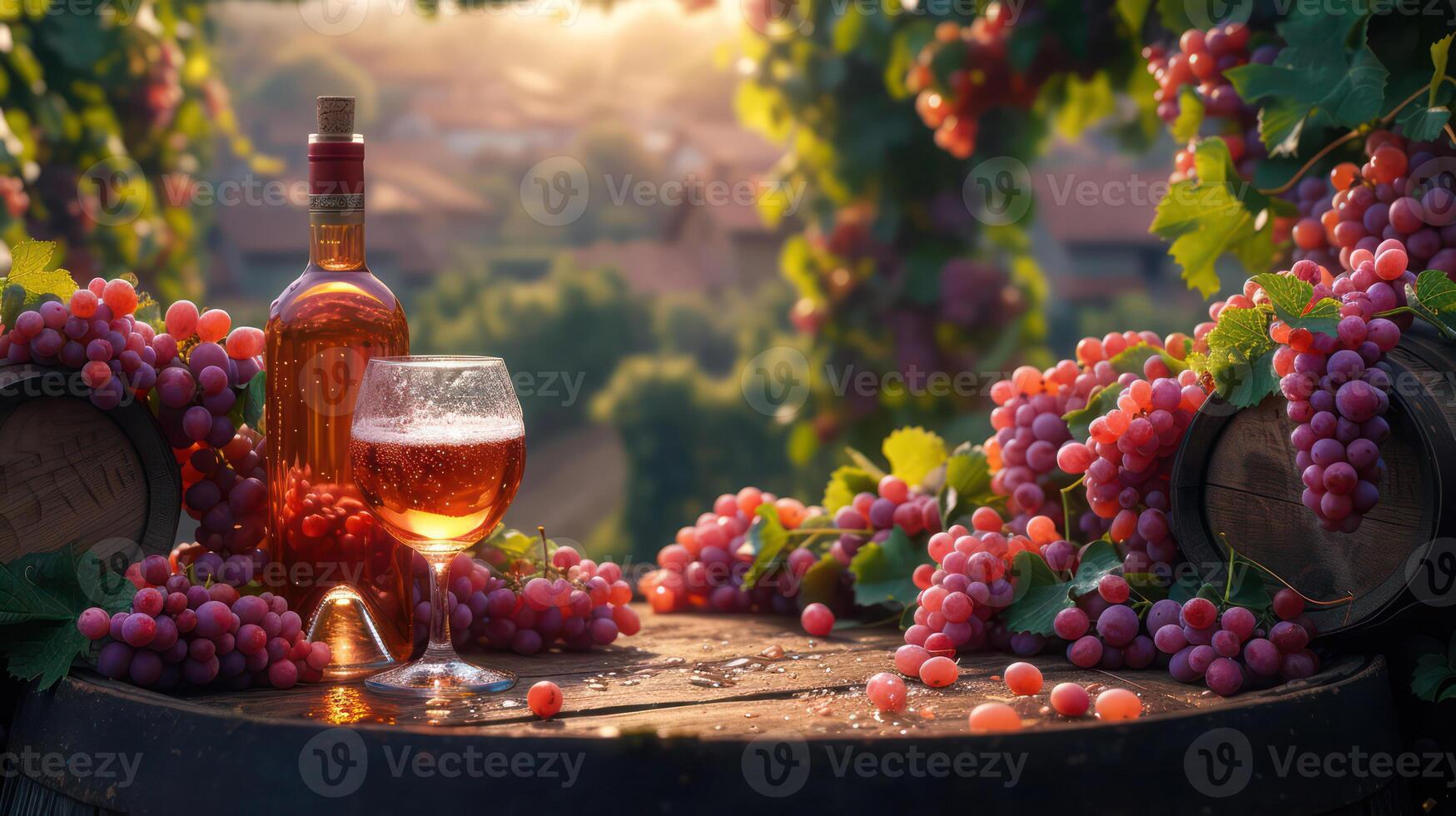 AI generated Bottles and wine glasses with grapes and barrels in countryside scene. Copy image. photo