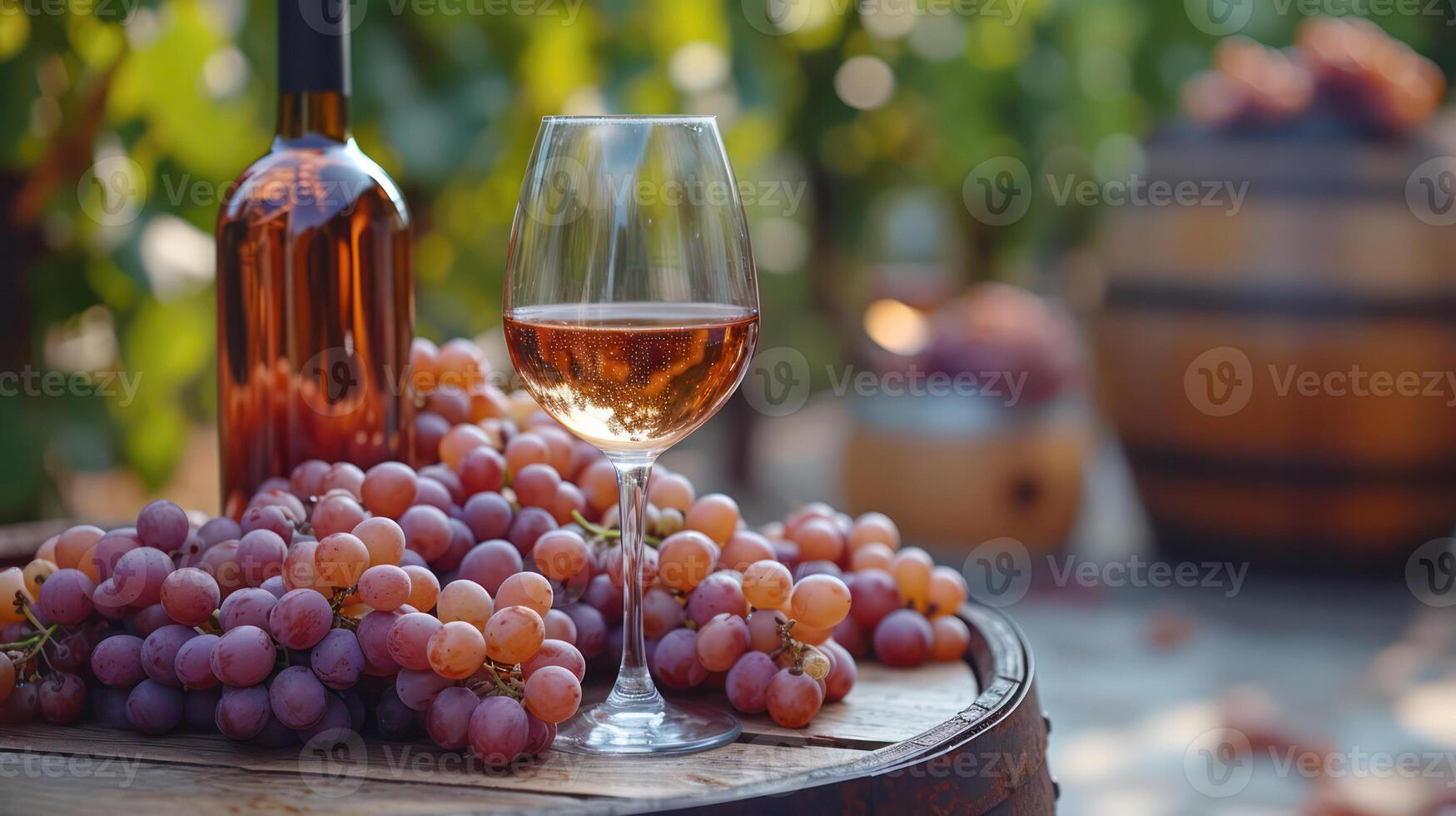 AI generated Bottles and wine glasses with grapes and barrels in countryside scene. Copy image. photo