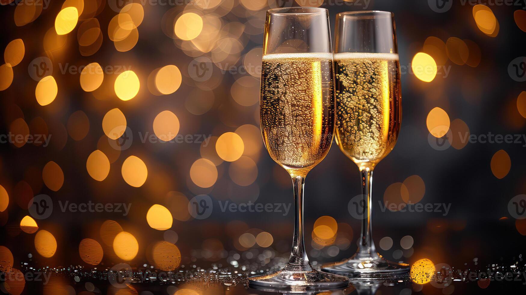 AI generated Luxurious glass with bokeh gold champagne on dark background copy space. photo