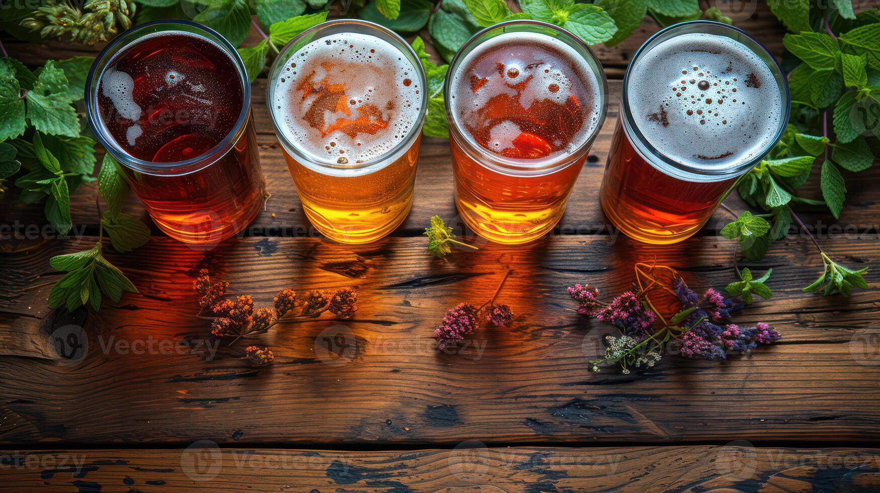 AI generated Several glasses of beer on a wooden floor Text area photo
