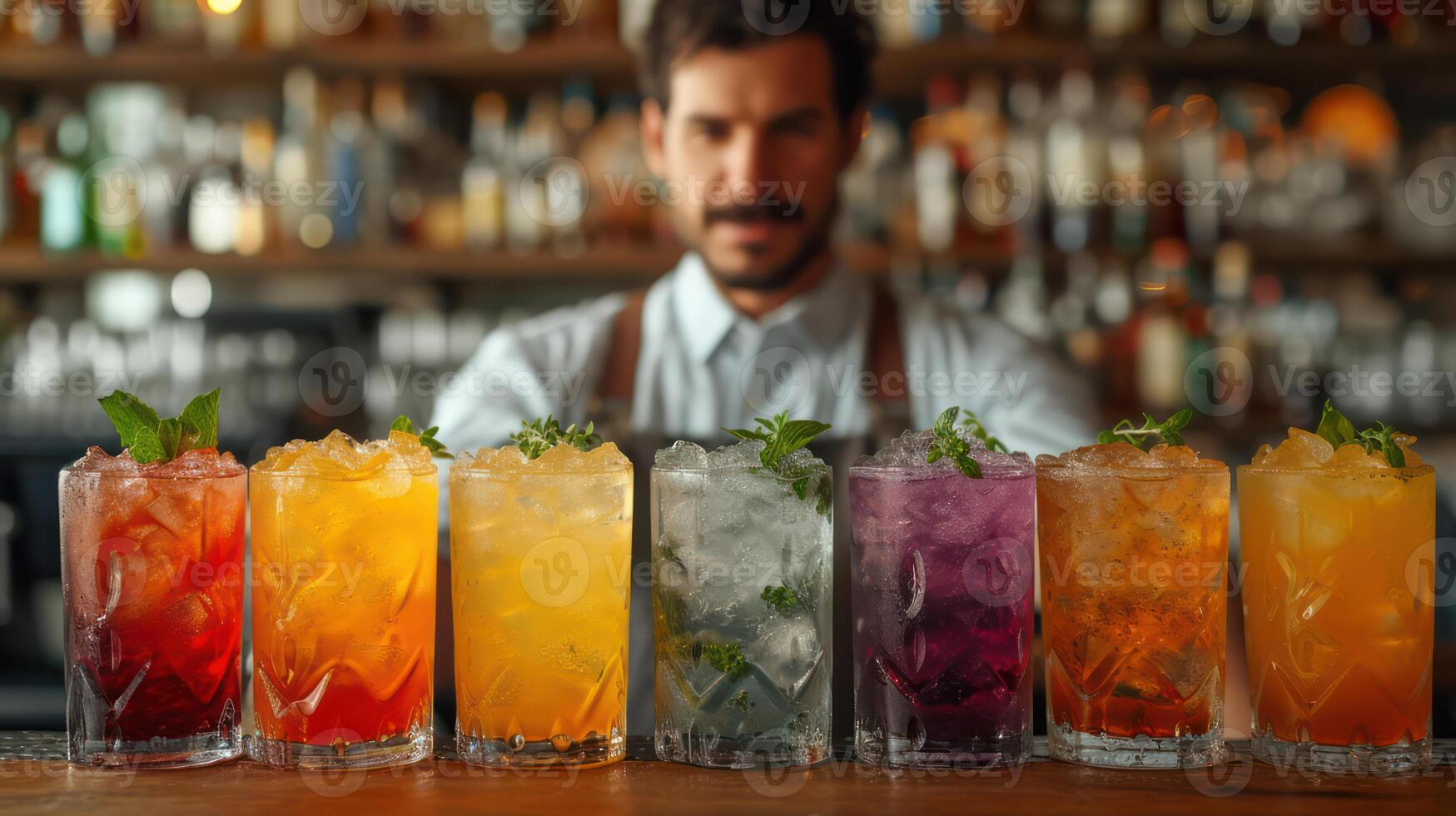 AI generated Colorful cocktail shots in the bar with the skill of the bartender. photo