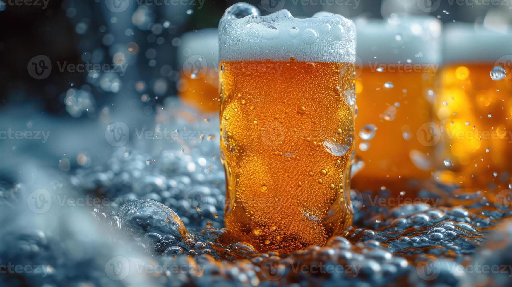 AI generated Pouring beer with foam bubbles in glass for background on front view of waves, drinking alcohol photo