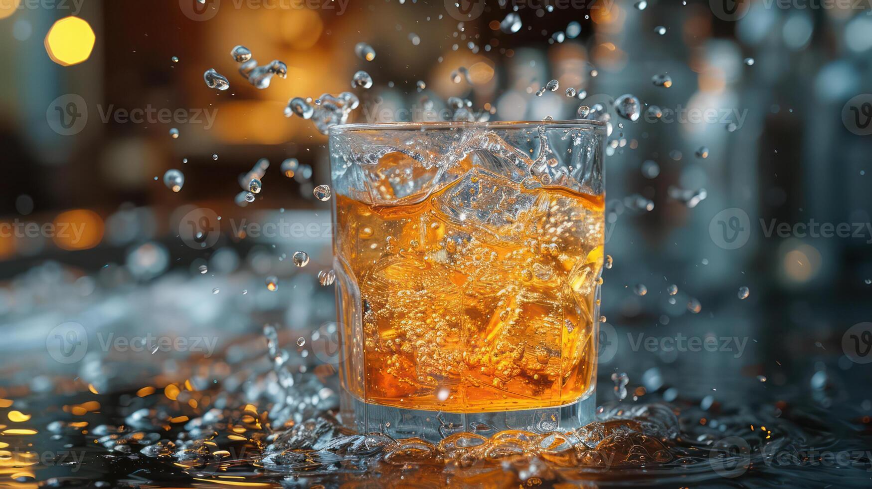 AI generated Glass of whiskey with ice with splashes photo