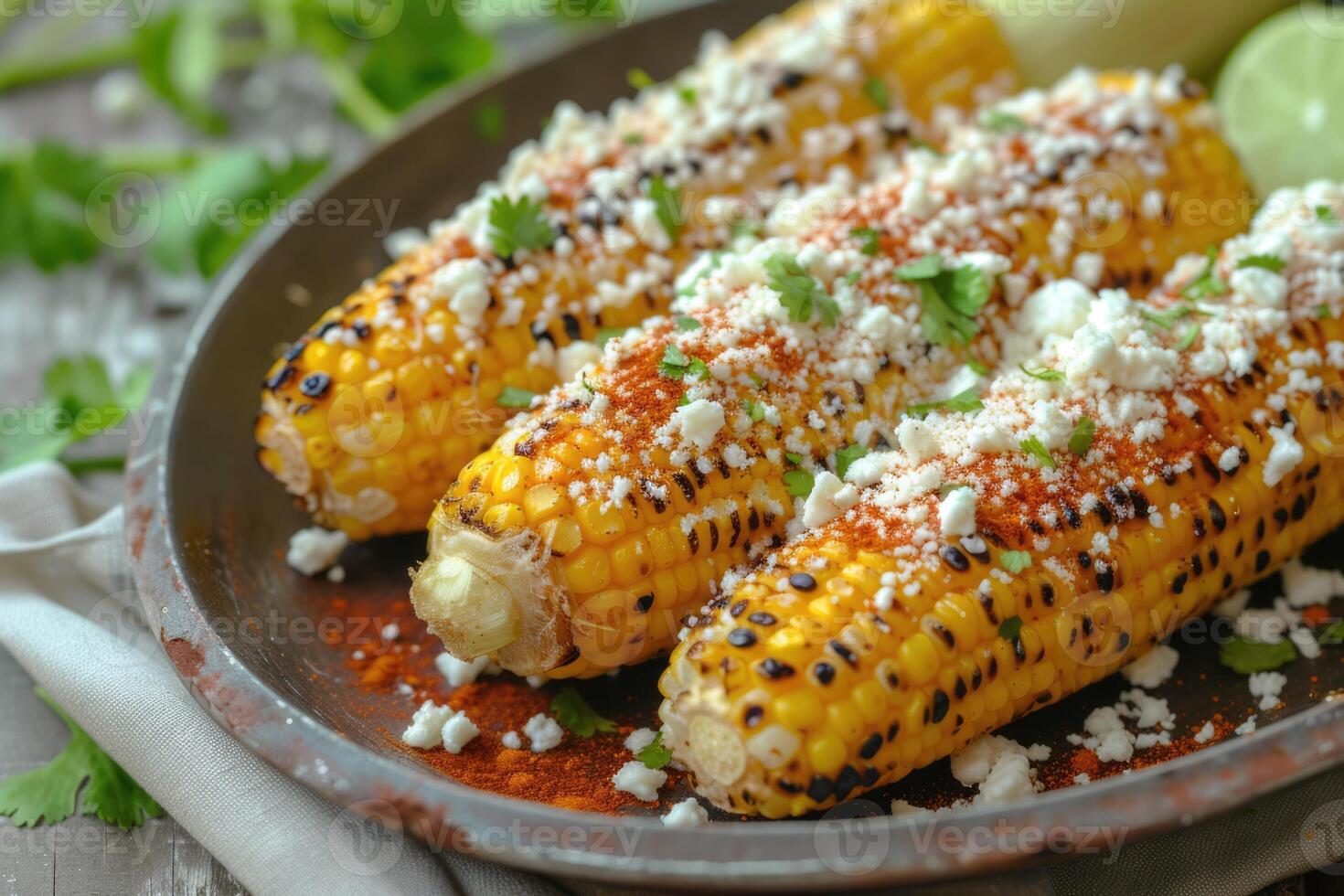 AI generated Elotes, Grilled Mexican Street Corn on the cob with cotija cheese, chili powder, mayonnaise photo