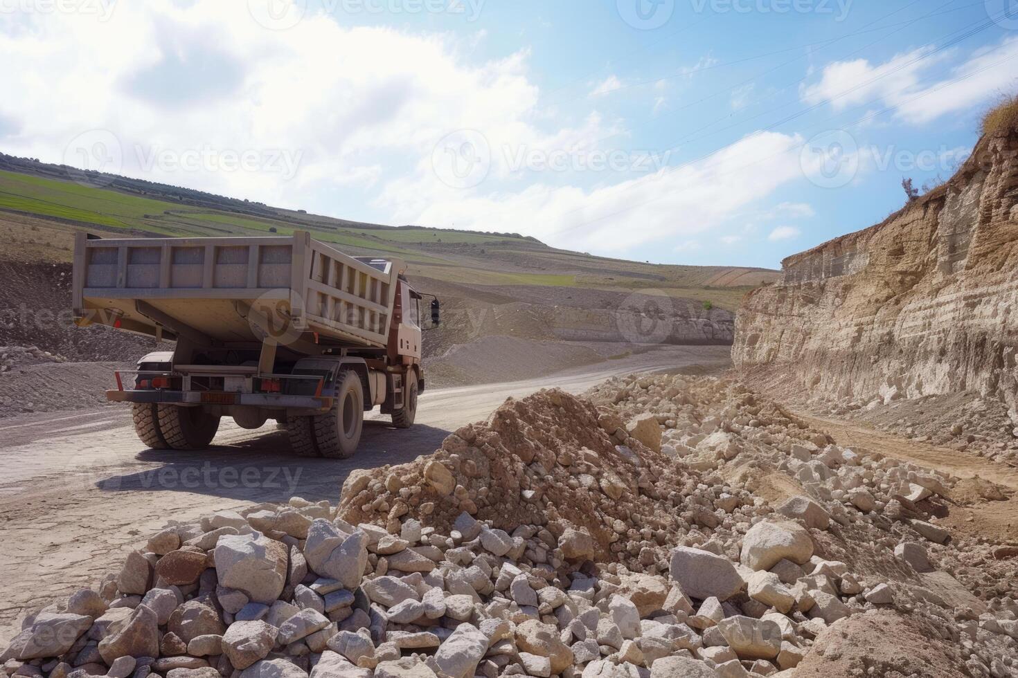AI generated Large quarry dump truck in mine, quarry. Loading and transportation minerals photo