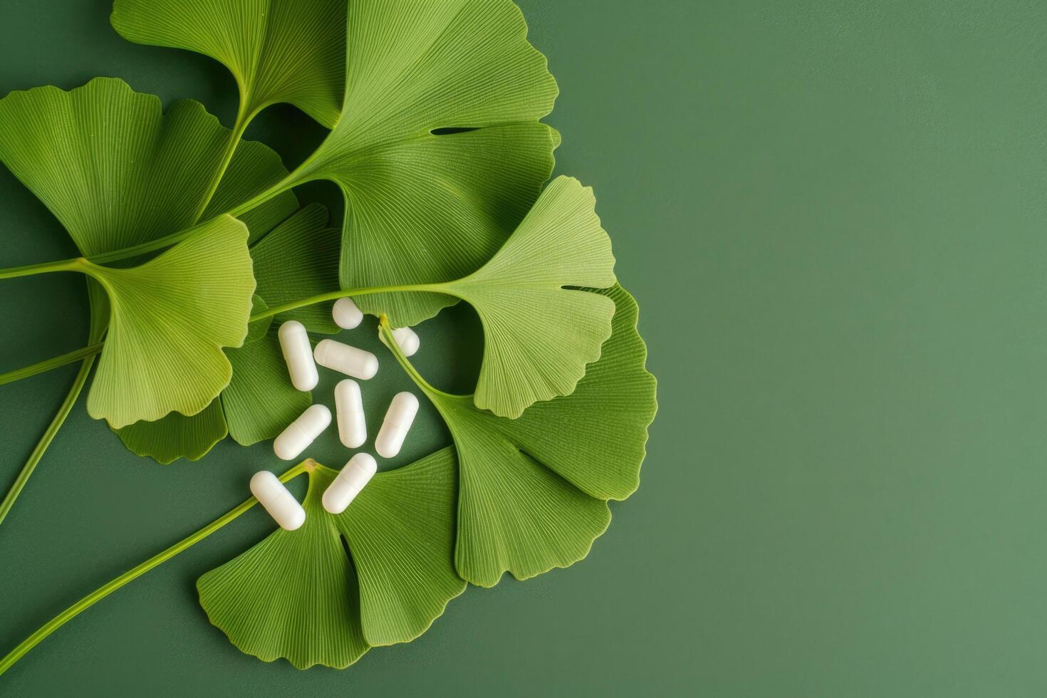 AI generated Maidenhair or ginkgo biloba leaves and pills for brain, memory. Healing plant in Chinese medicine photo