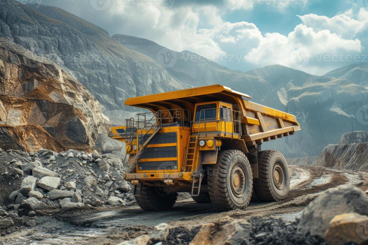 AI generated Large quarry dump truck in mine, quarry. Loading and transportation minerals photo