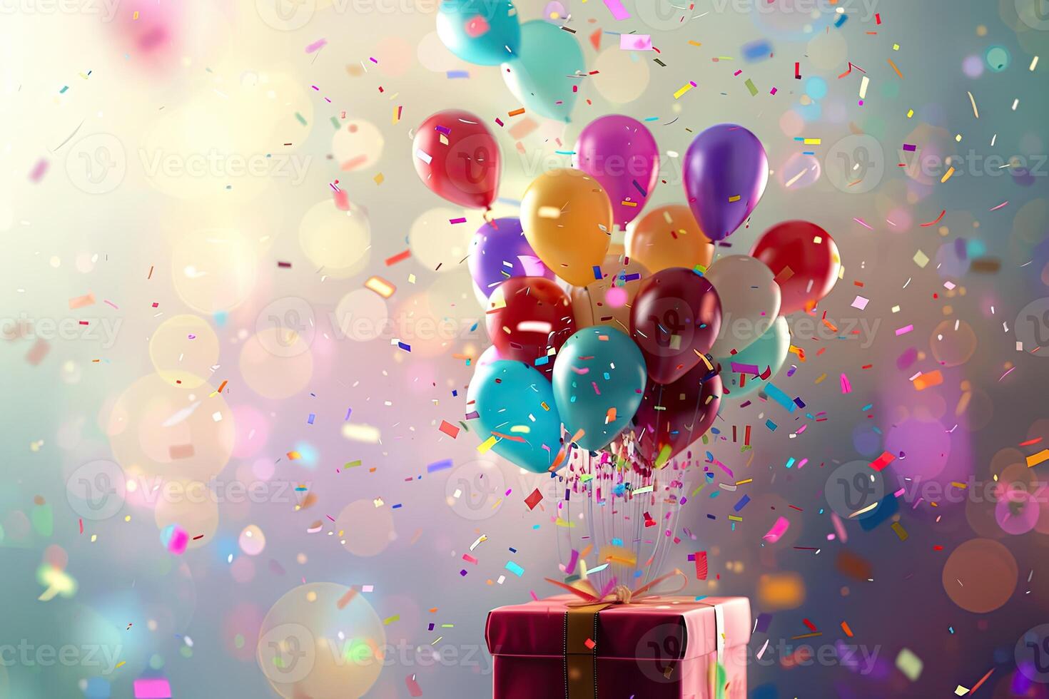 ai generado abril tontos día bandera, vistoso globos y papel picado volador fuera de un regalo caja, fiesta, cumpleaños foto