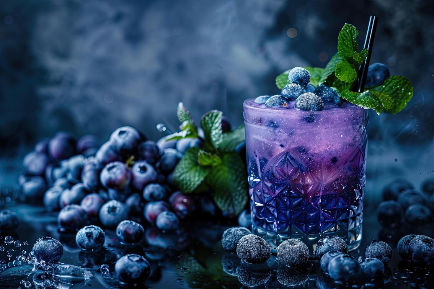 AI generated glasses of blueberries smoothie or shake with fresh blueberries and mint photo