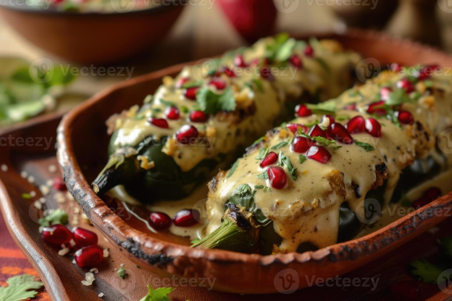 AI generated Mexican cuisine Chile en Nogada stuffed poblano chiles with creamy sauce, pomegranate seeds photo