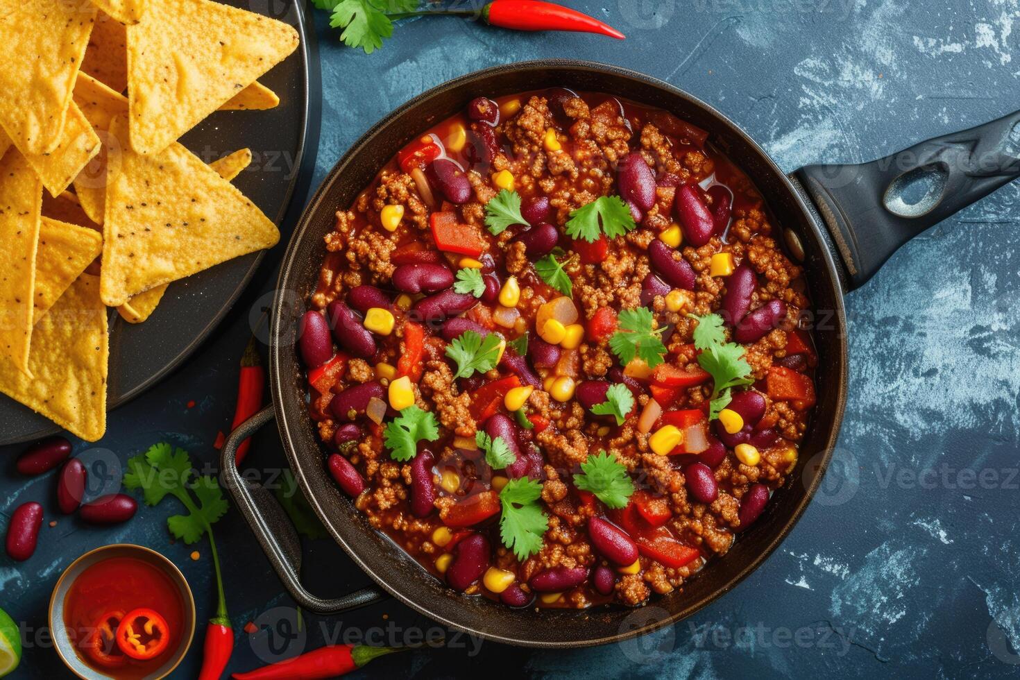 AI generated Mexican hot chili con carne, beans, minced meat and vegetables stew in tomato sauce photo