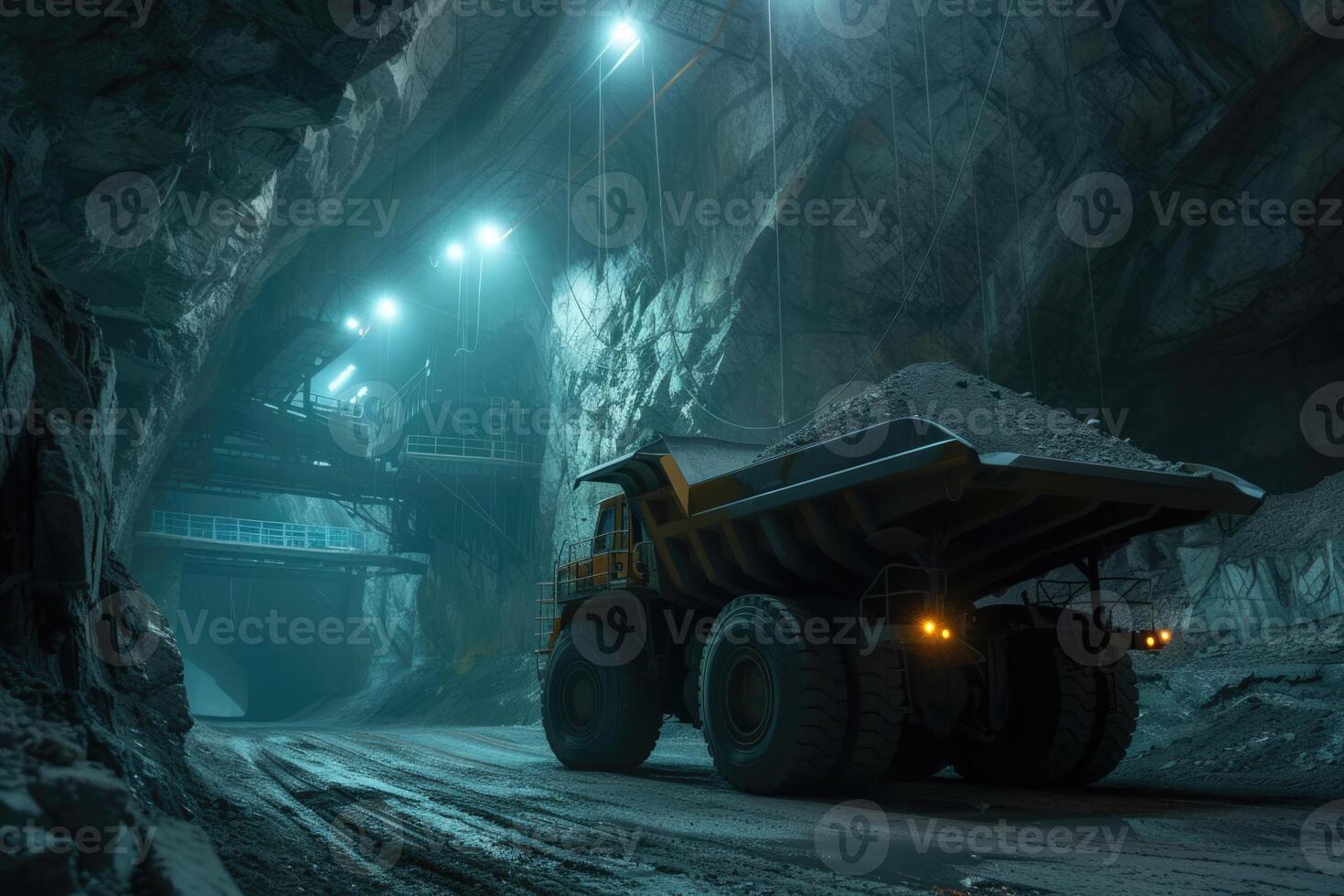 AI generated Large quarry dump truck in mine, quarry. Loading and transportation minerals photo
