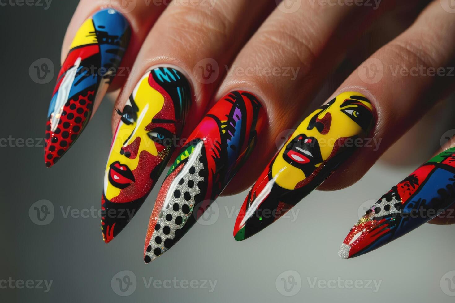 AI generated Close up pop art style manicure on female fingers. Nails design photo
