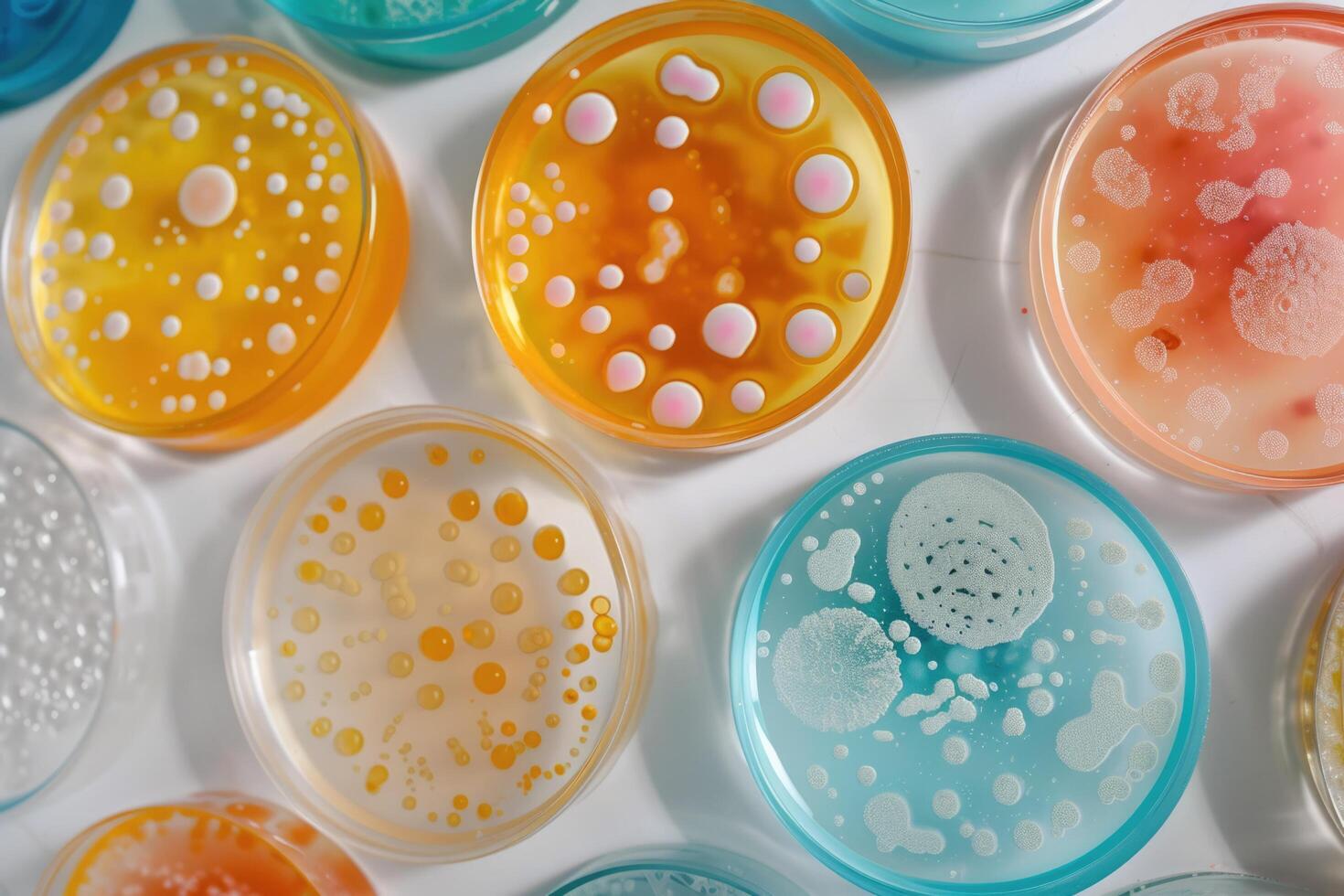 AI generated petri dishes with bacterial colonies culture on agar plates in laboratory photo