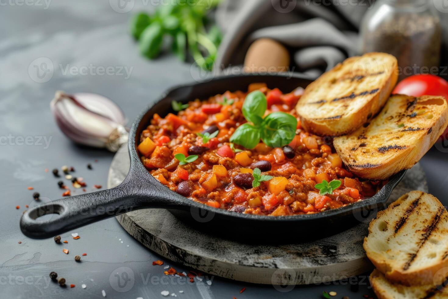 AI generated Mexican hot chili con carne, beans, minced meat and vegetables stew in tomato sauce photo