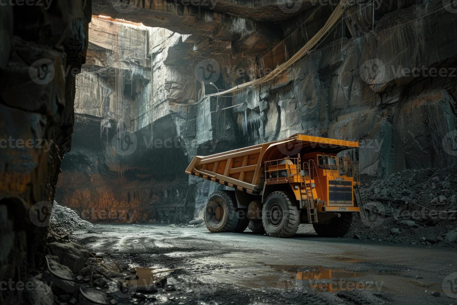 AI generated Large quarry dump truck in mine, quarry. Loading and transportation minerals photo