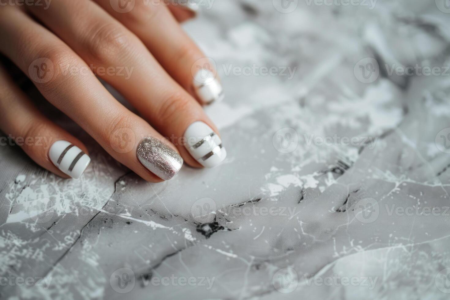 AI generated marble manicure with silver stripe photo