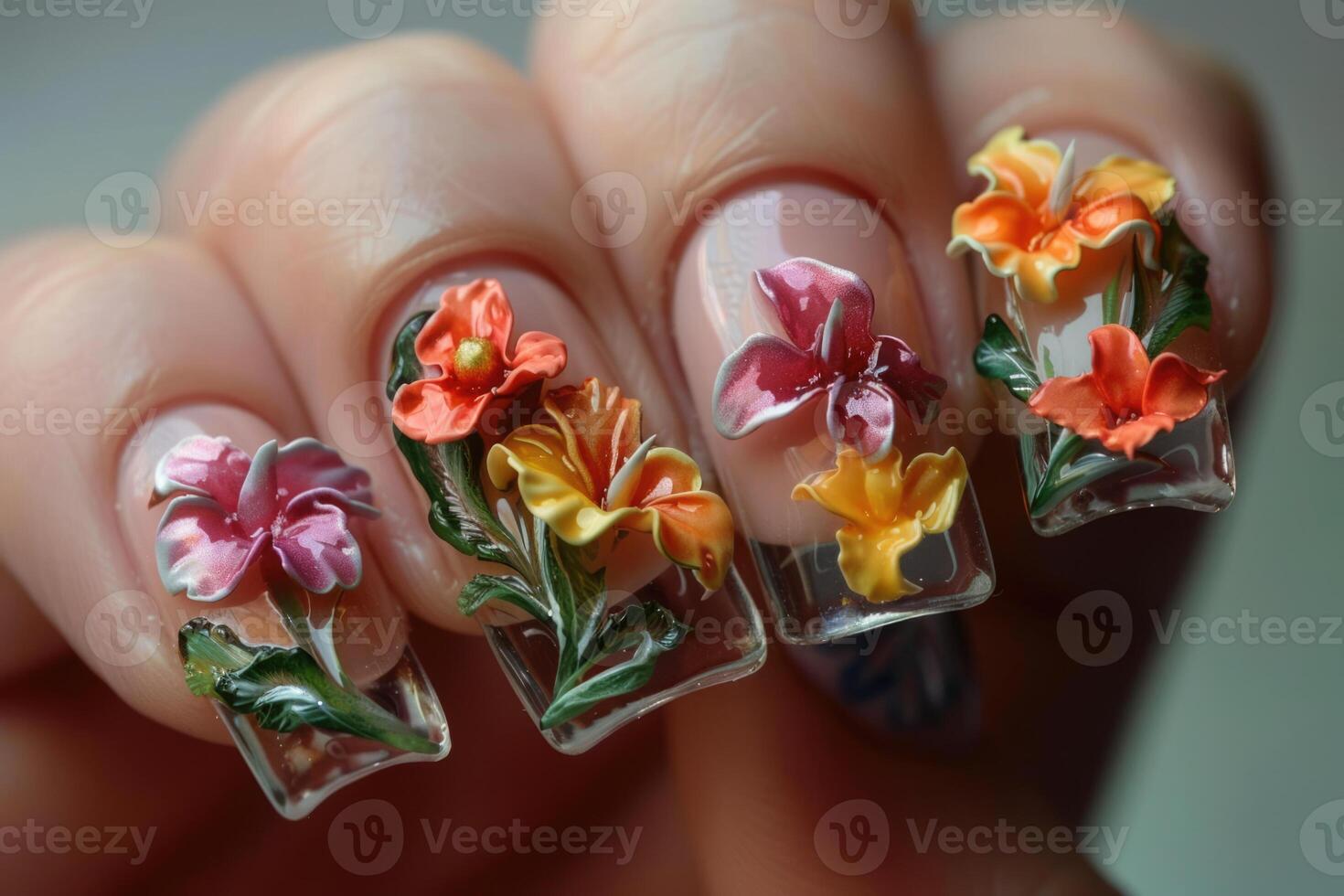 AI generated 3d Flower nail art design on tinted glass nails photo
