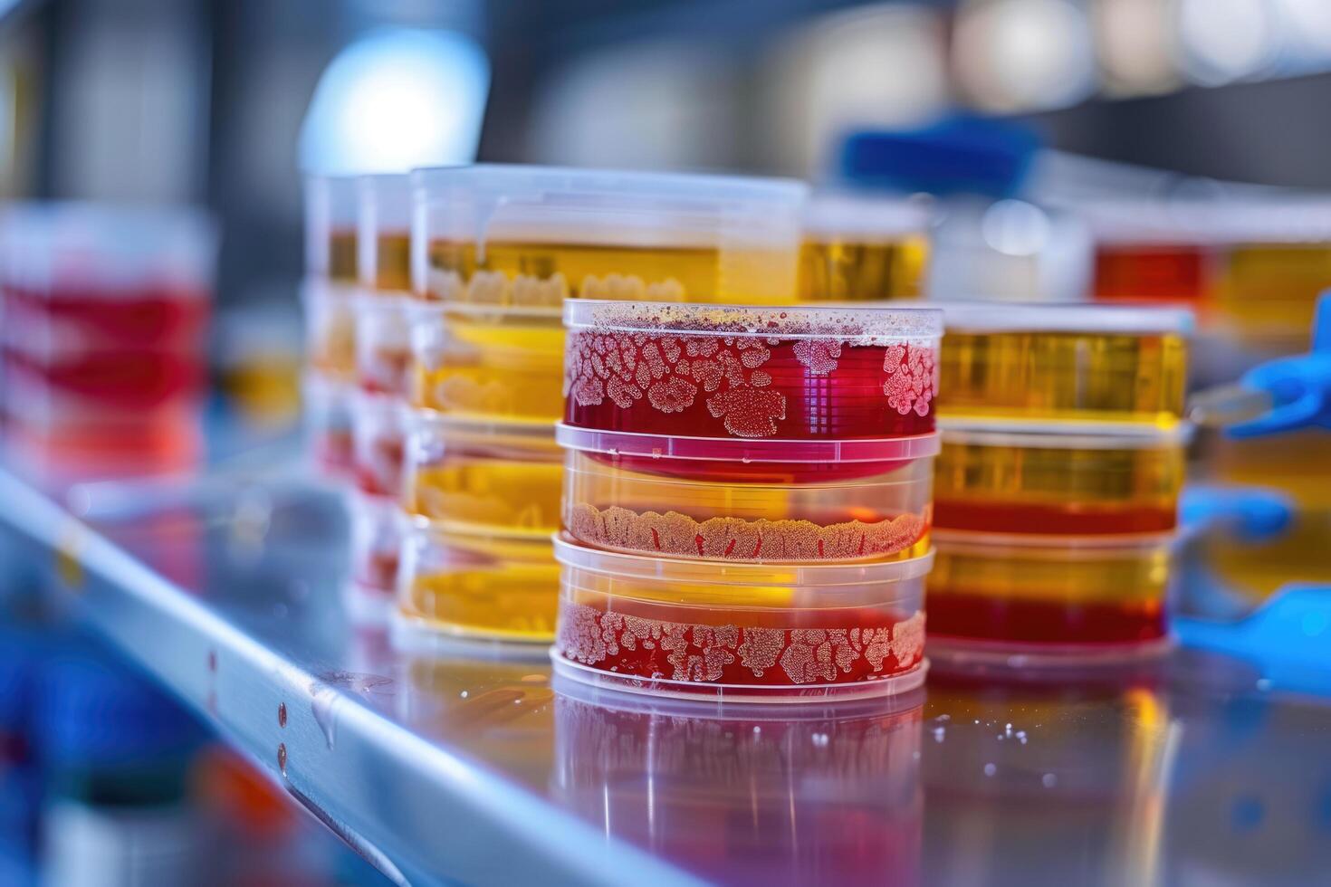 AI generated petri dishes with bacterial colonies culture on agar plates in laboratory photo