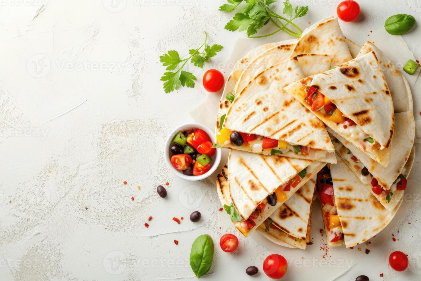 AI generated mexican quesadillas with chicken, cheese and peppers, copy space photo