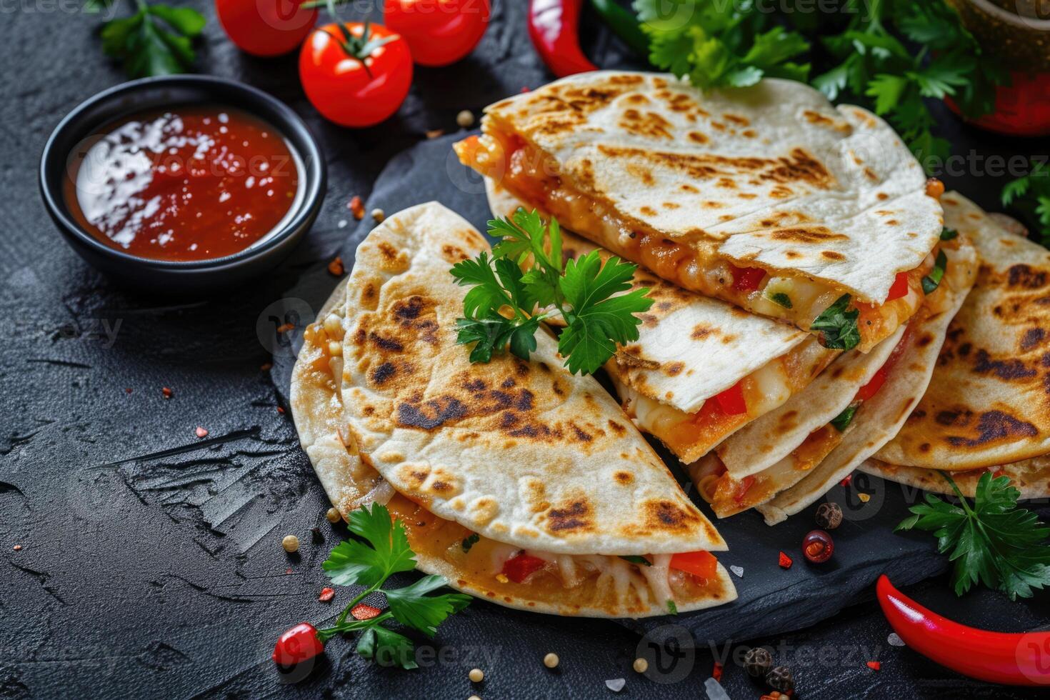 AI generated mexican quesadillas with chicken, cheese and peppers, copy space photo