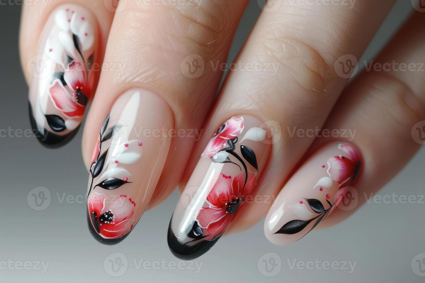 AI generated Close up view of spring nail art with floral pattern photo