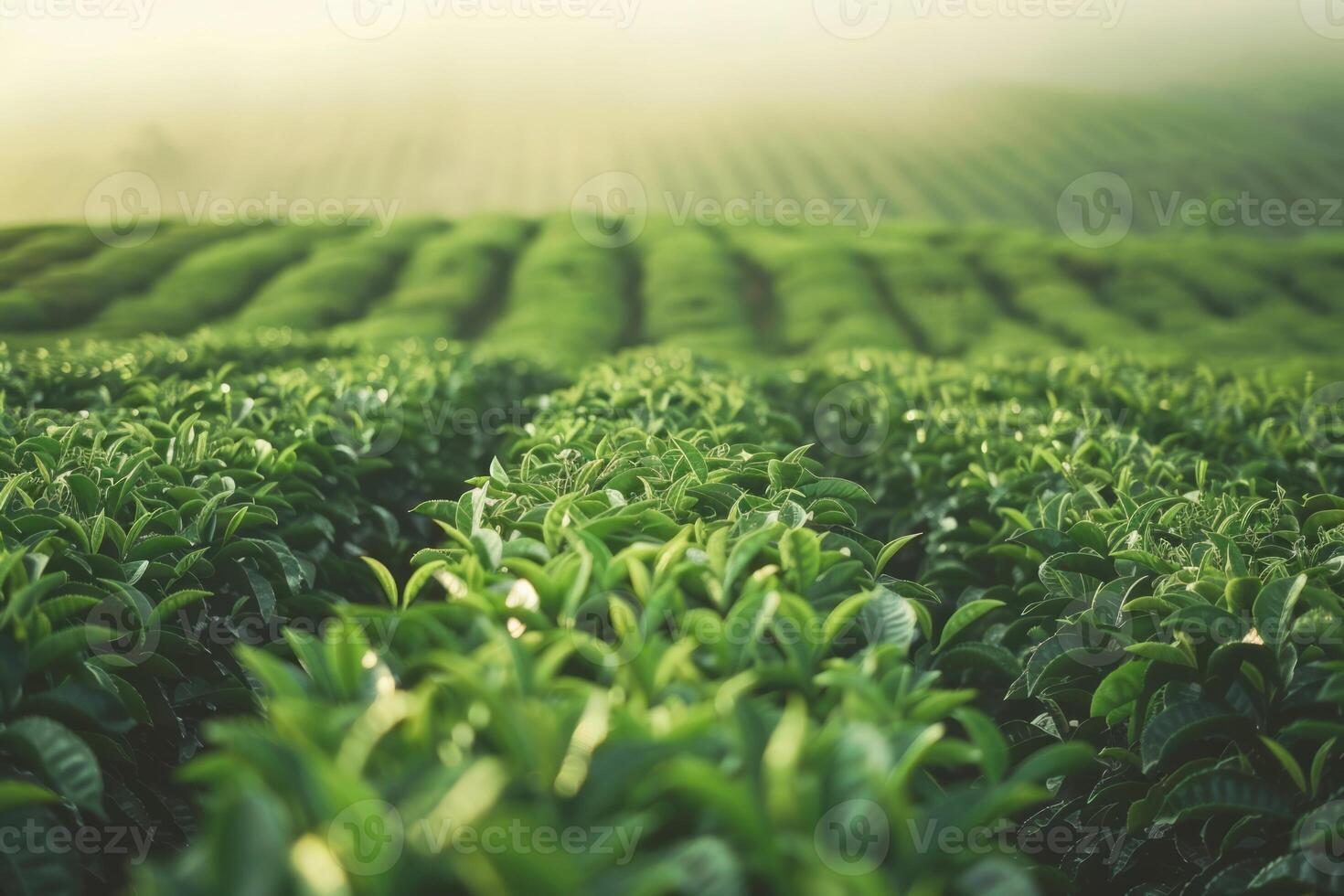 AI generated Green tea bush plantation with hills and mountains on background photo