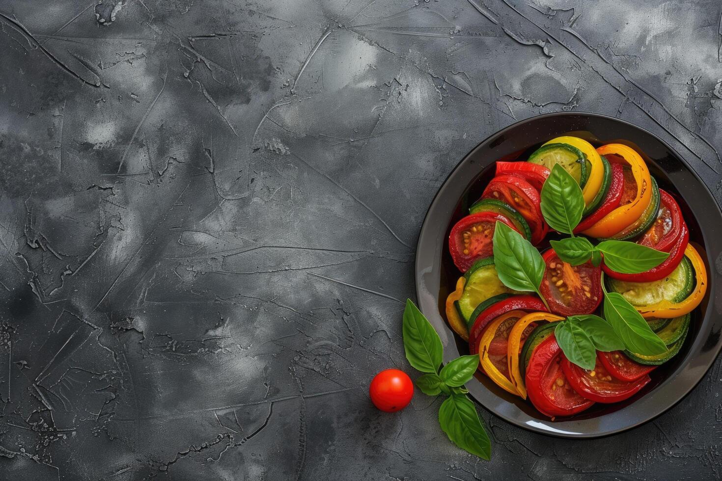 ai generado tradicional francés Ratatouille con Tomates, berenjena y calabacín, parte superior vista, Copiar espacio foto