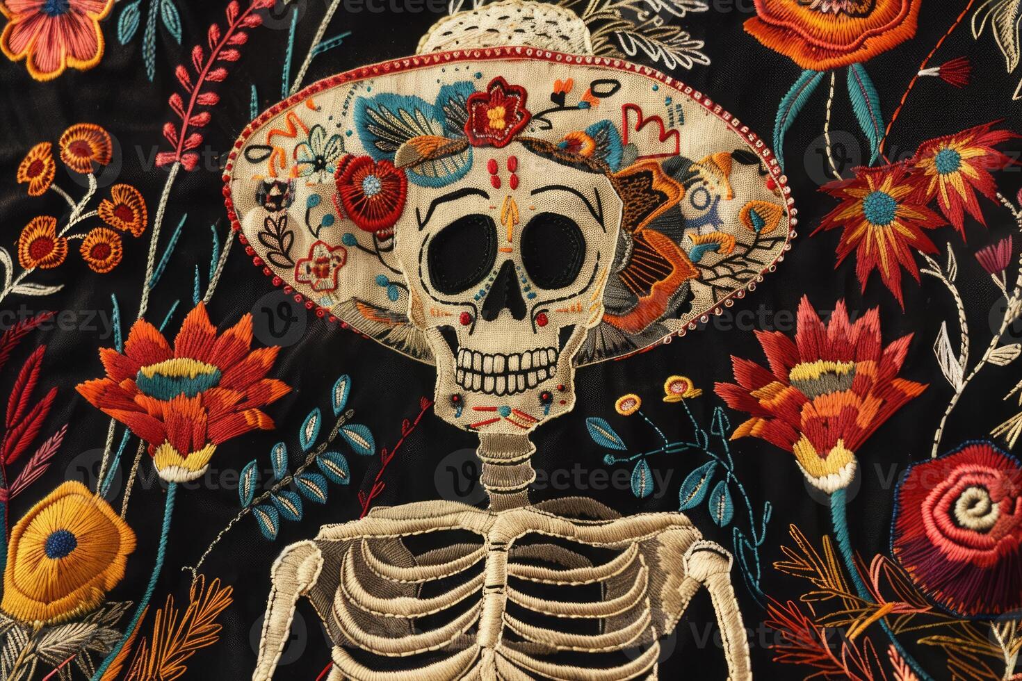 AI generated Mexican embroidery with sugar skull and flowers photo