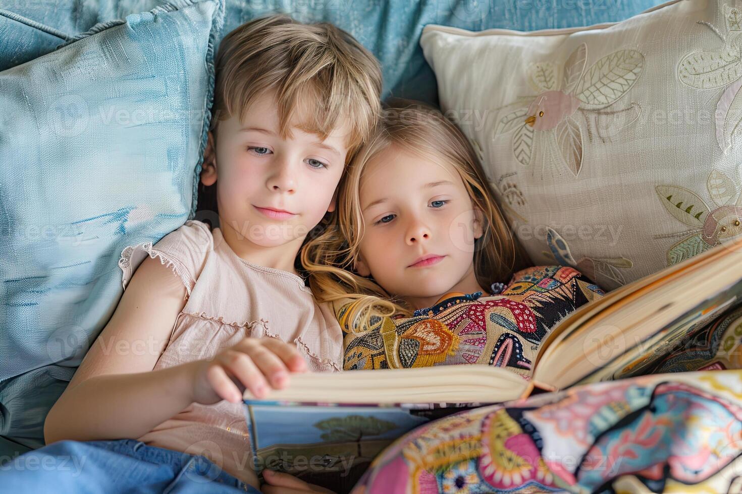 AI generated Children's reading a book together. International Children's Book Day photo