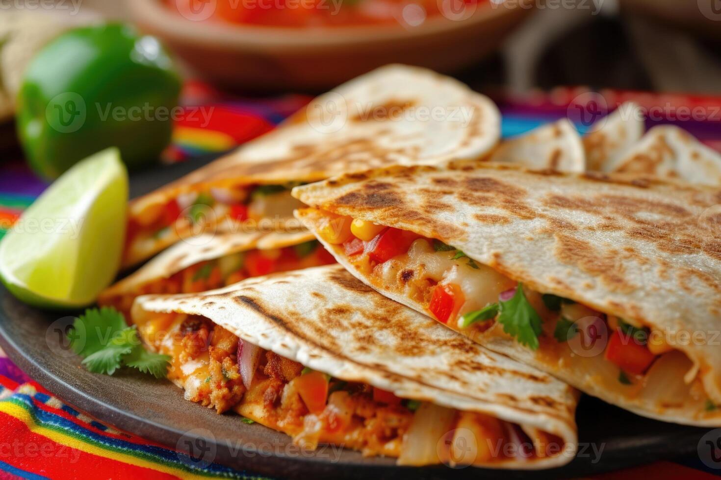 AI generated mexican quesadillas with chicken, cheese and peppers, copy space photo