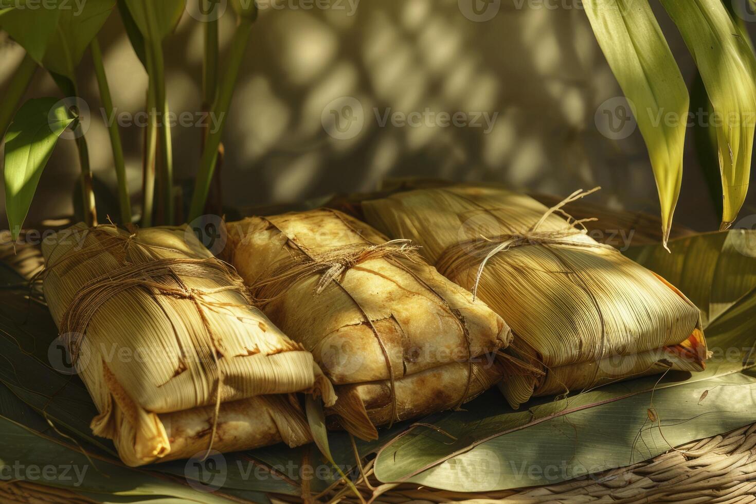 AI generated Prehispanic mexican dish Tamales. Corn dough wrapped in corn leaves photo