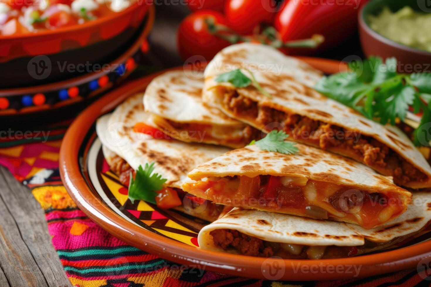 AI generated mexican quesadillas with chicken, cheese and peppers, copy space photo