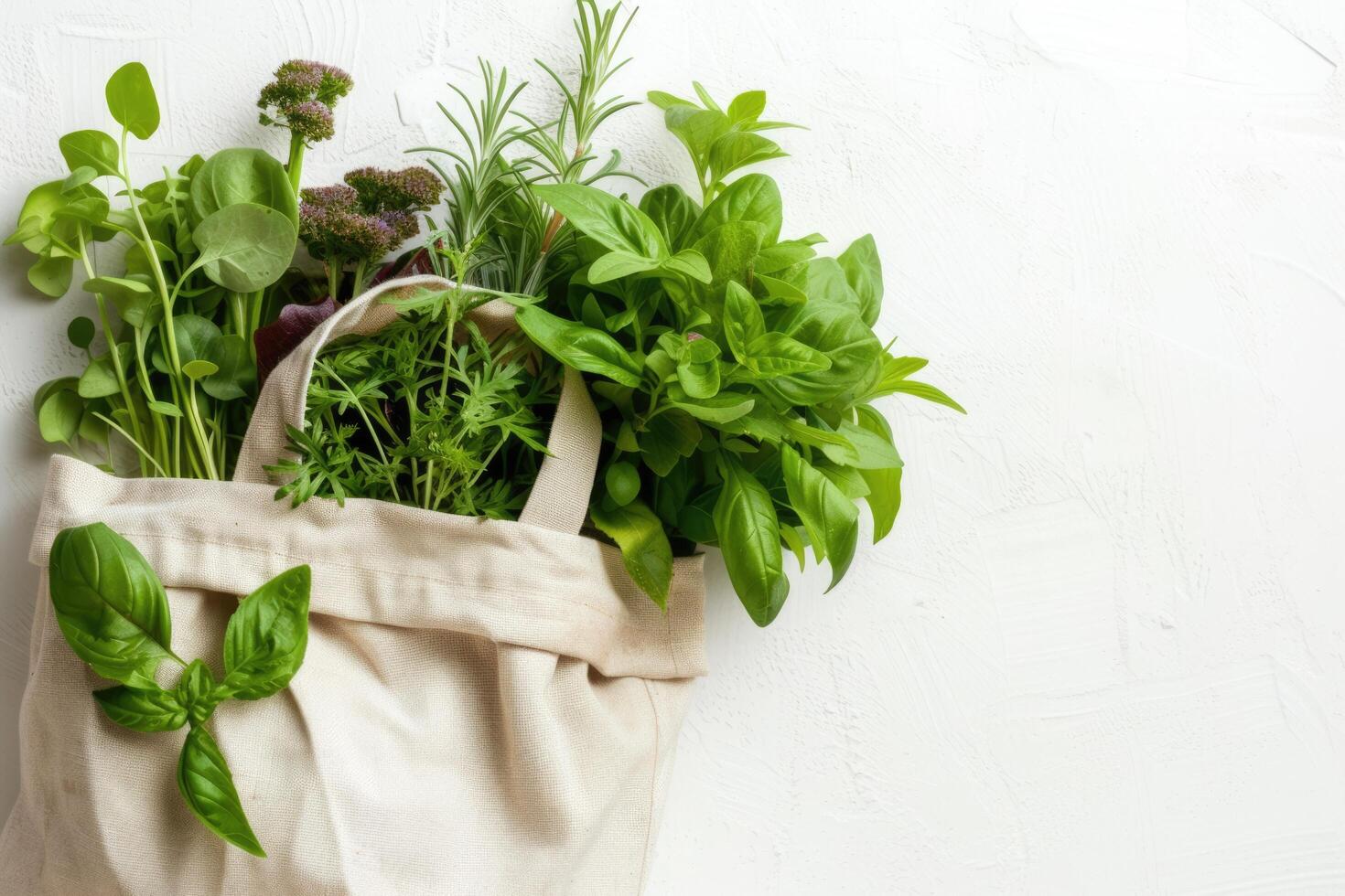 AI generated vegetables, herbs, lettuce, organic produce eco packaging, recyclable eco bag, sustainable shopping photo