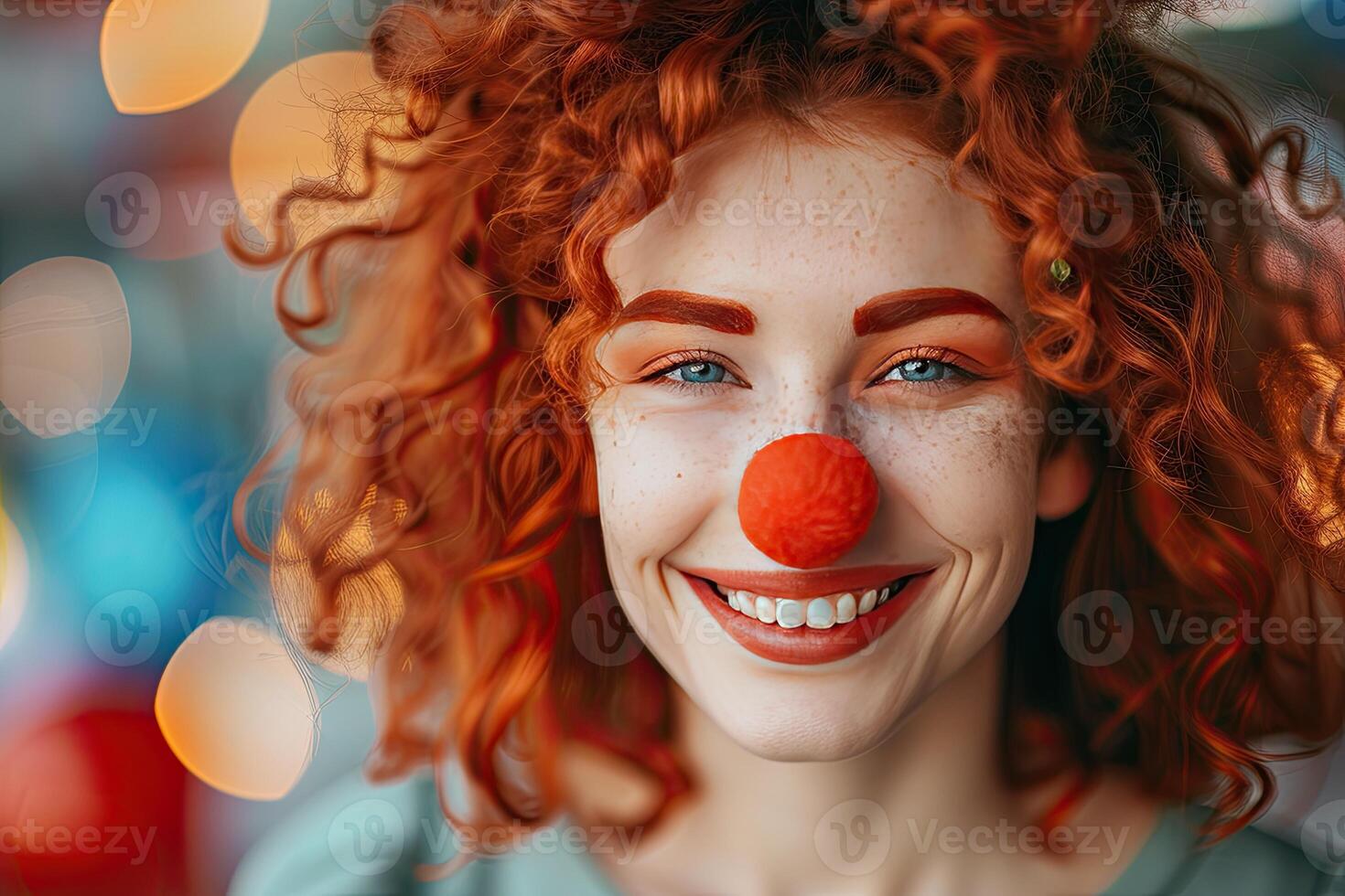 AI generated April Fools Day banner, funny clown circus performer, curly red haired girl with a clown nose photo