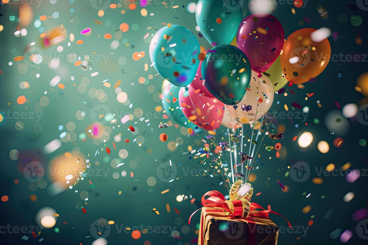 AI generated April Fools Day banner, colorful balloons and confetti flying out of a gift box, party, birthday photo