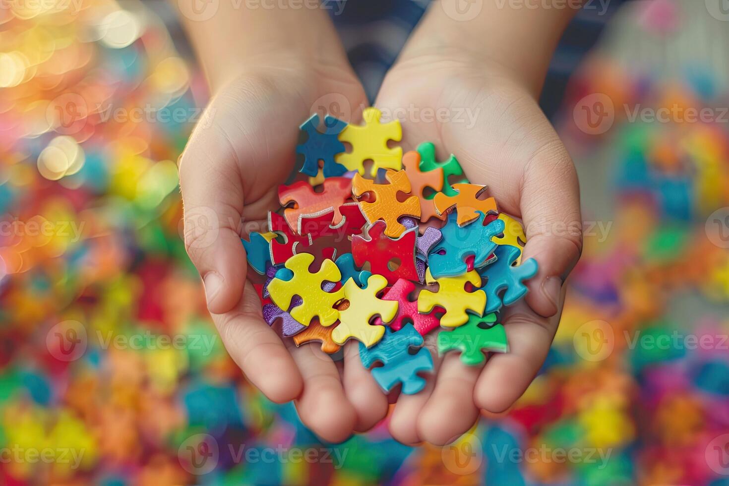 AI generated hands of an autistic child hold a colorful puzzle. World autism awareness day photo