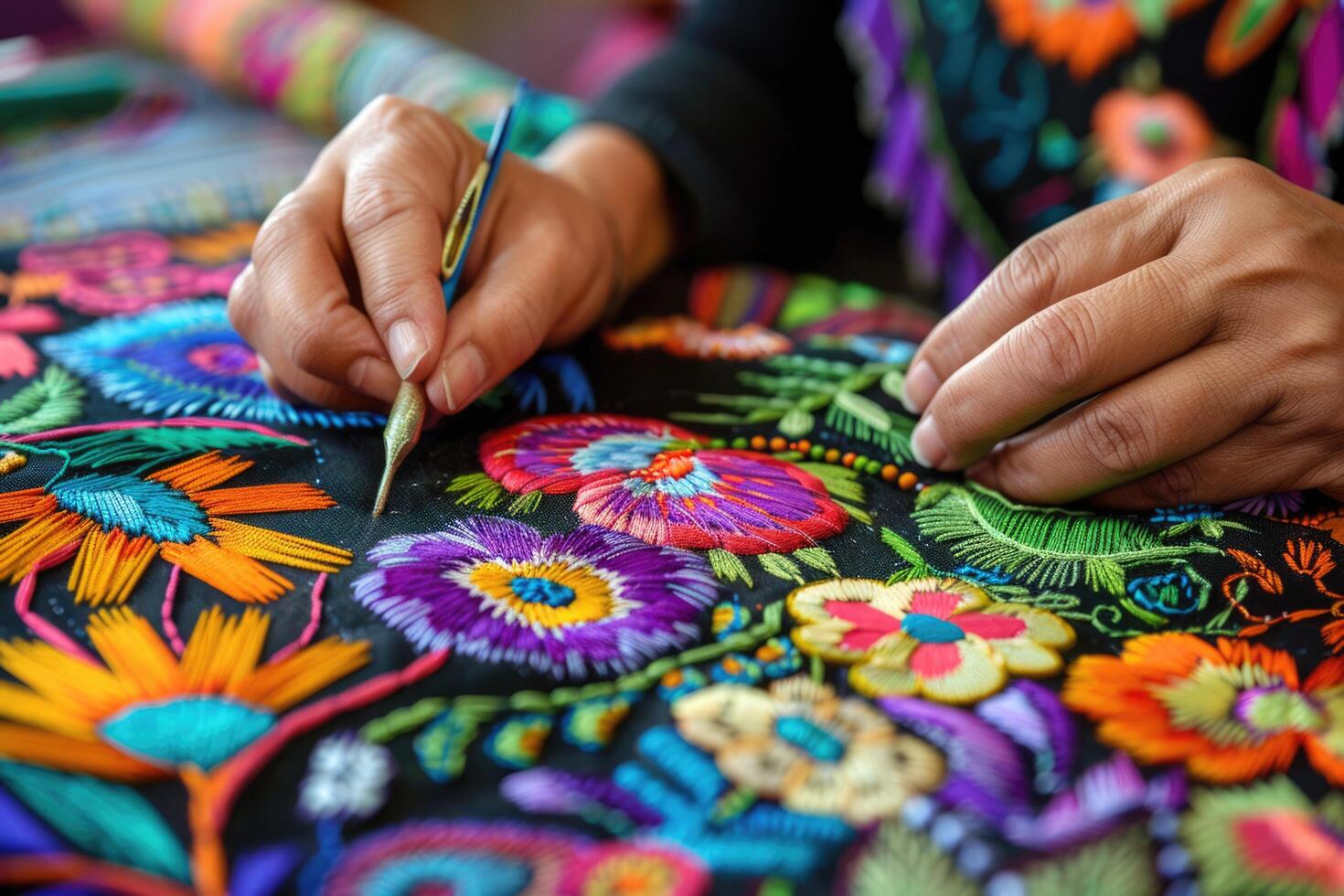 AI generated Mexican embroidery with cacti, flowers, birds, beads photo