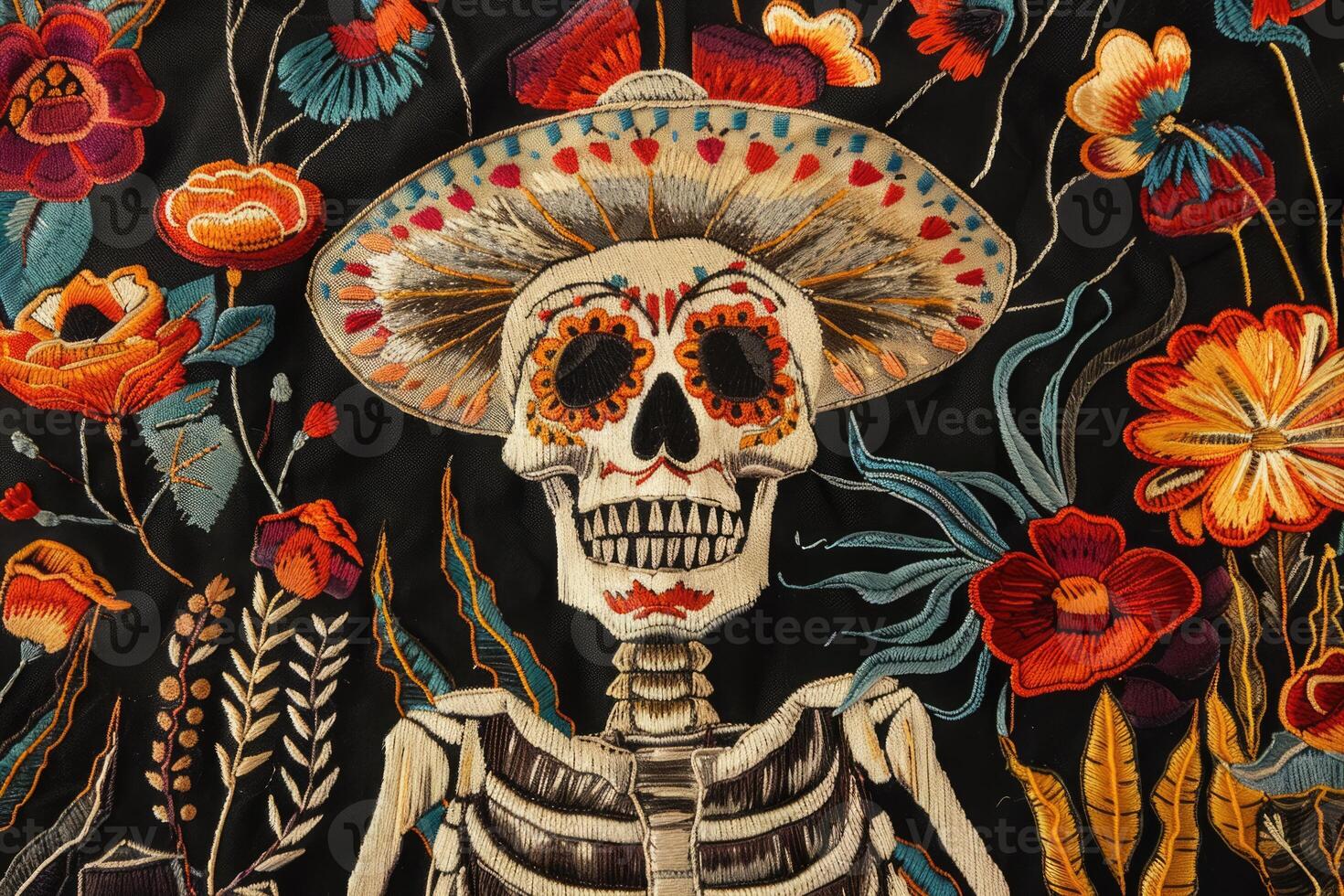 AI generated Mexican embroidery with sugar skull and flowers photo